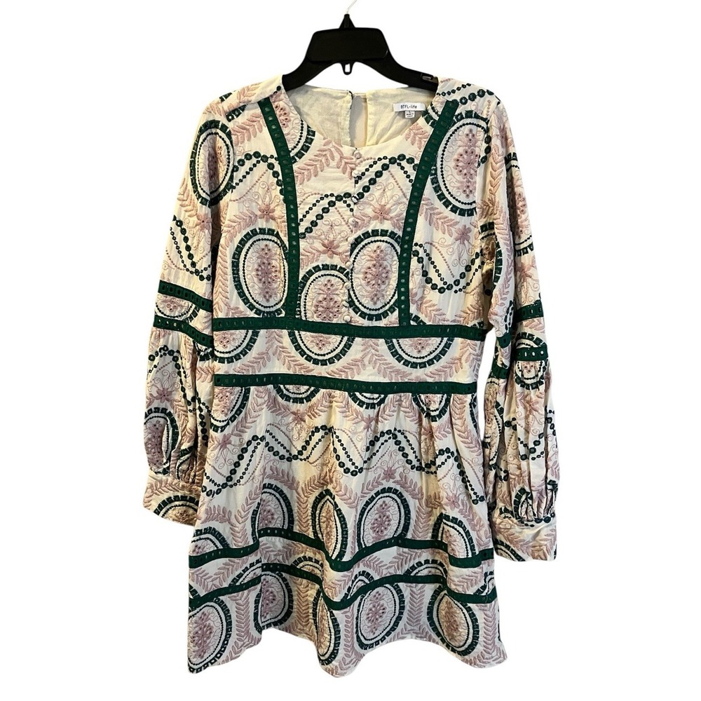 BTFL-Life Dress Green Pink Embroidered Boho‎ Puff Sleeve Sz L